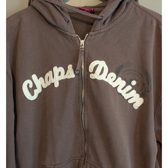 Chaps Denim Size Large Vintage Sweatshirt Brown Zip Hood L Mens Hoodie LS - Picture 3 of 8